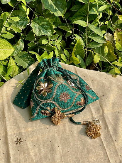 Teal Green Raw Silk Zardosi Polti Bags