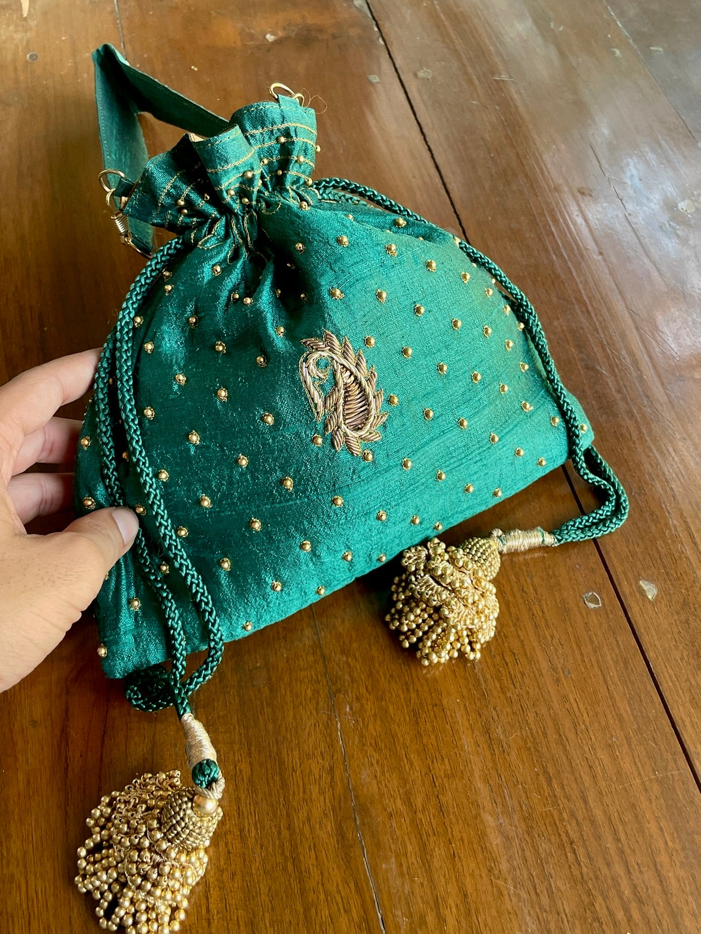 Teal Green Raw Silk Zardosi Polti Bags
