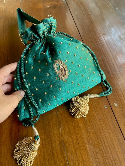 Teal Green Raw Silk Zardosi Polti Bags