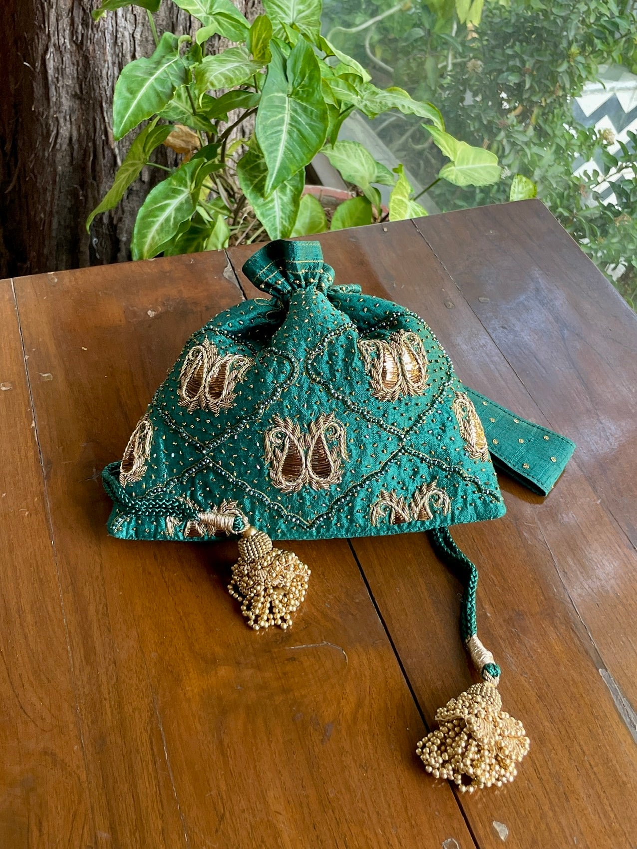 Teal Green Raw Silk Zardosi Polti Bags