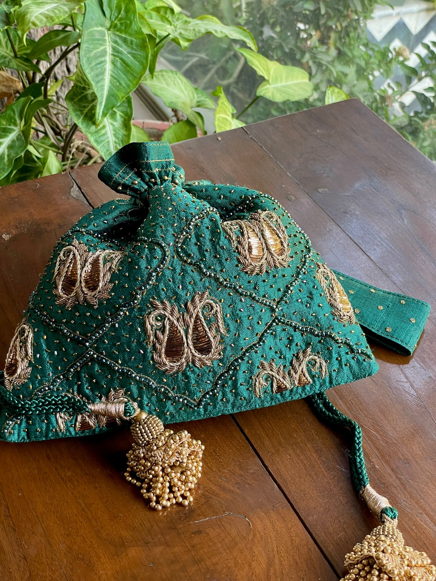 Teal Green Raw Silk Zardosi Polti Bags