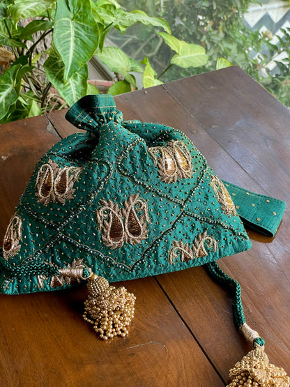 Teal Green Raw Silk Zardosi Polti Bags