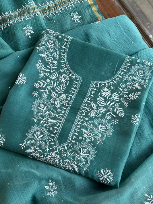 Teal Green Shade Mal Cotton Fine Chikankari Unstitched Fabric