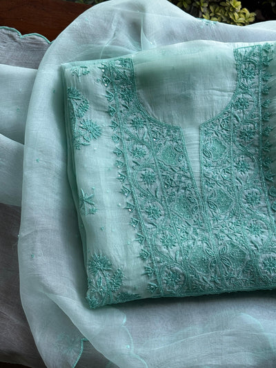 Teal Green Shade Noor Organza Silk Chikankari Unstitched Kurta Dupatta Set