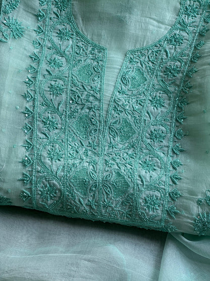 Teal Green Shade Noor Organza Silk Chikankari Unstitched Kurta Dupatta Set