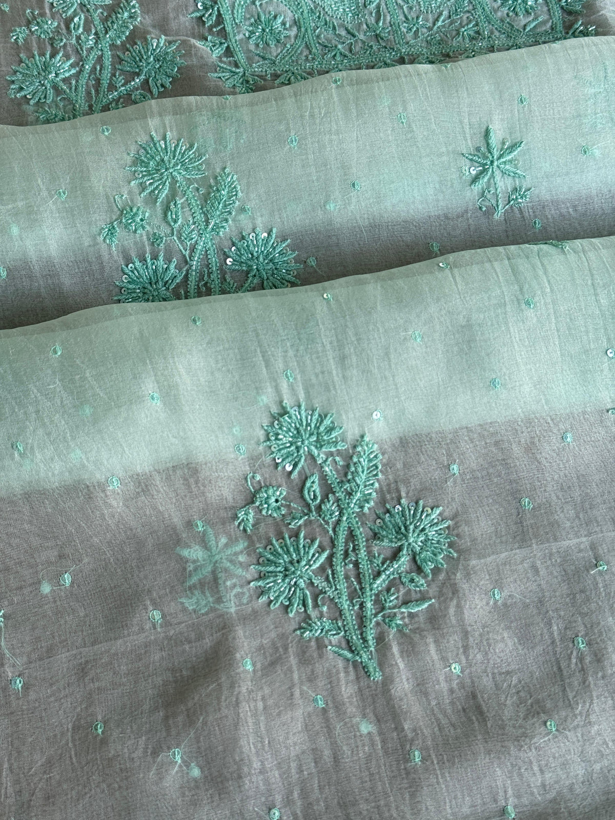 Teal Green Shade Noor Organza Silk Chikankari Unstitched Kurta Dupatta Set