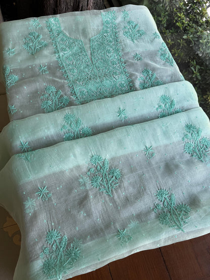 Teal Green Shade Noor Organza Silk Chikankari Unstitched Kurta Dupatta Set