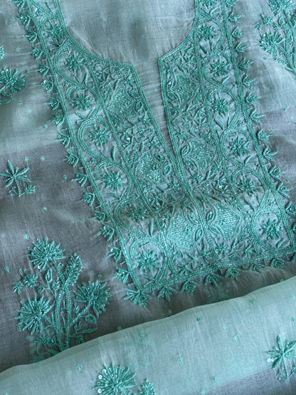 Teal Green Shade Noor Organza Silk Chikankari Unstitched Kurta Dupatta Set