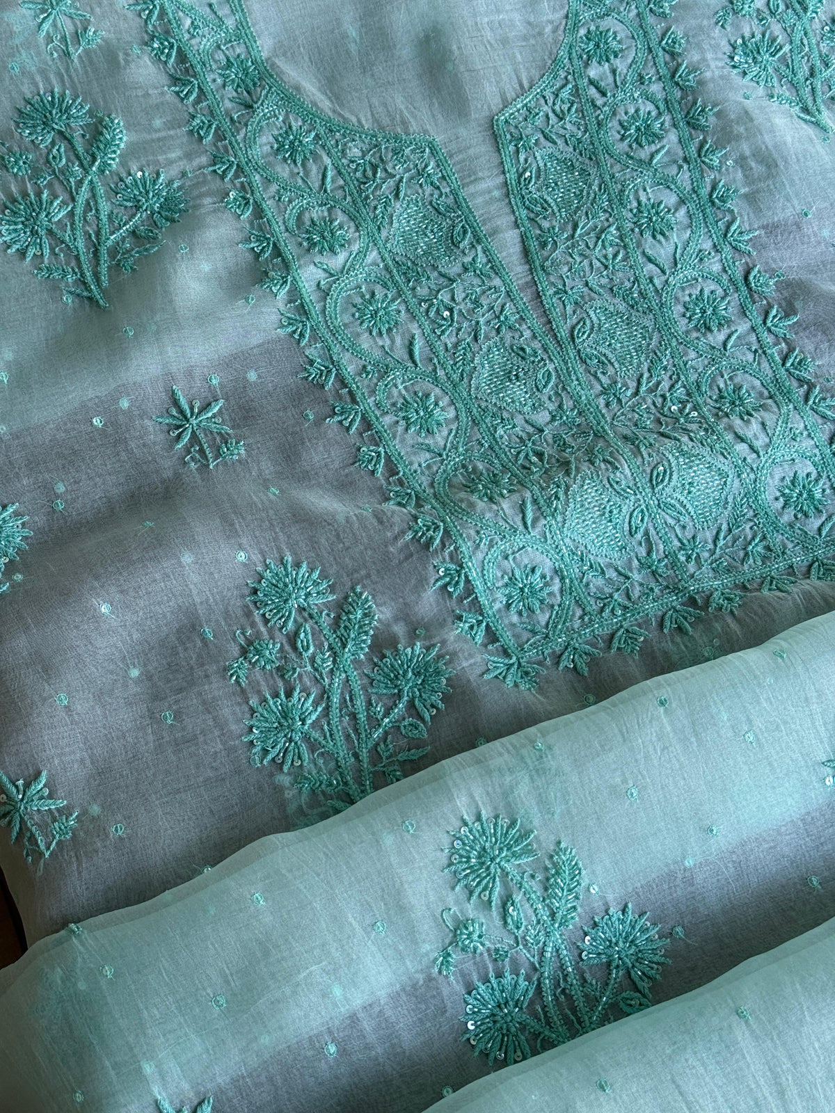 Teal Green Shade Noor Organza Silk Chikankari Unstitched Kurta Dupatta Set