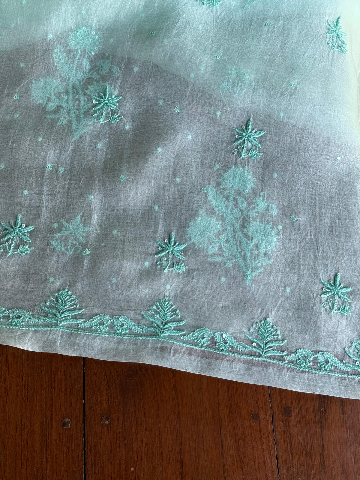 Teal Green Shade Noor Organza Silk Chikankari Unstitched Kurta Dupatta Set