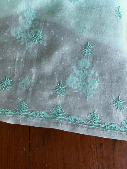 Teal Green Shade Noor Organza Silk Chikankari Unstitched Kurta Dupatta Set