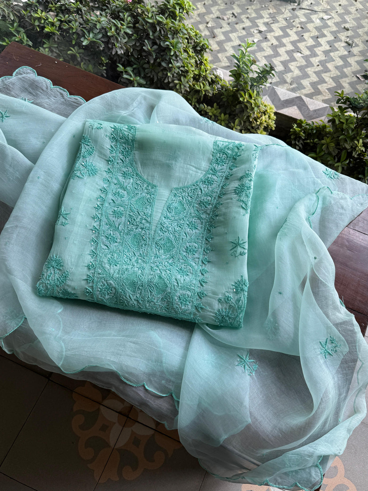 Teal Green Shade Noor Organza Silk Chikankari Unstitched Kurta Dupatta Set