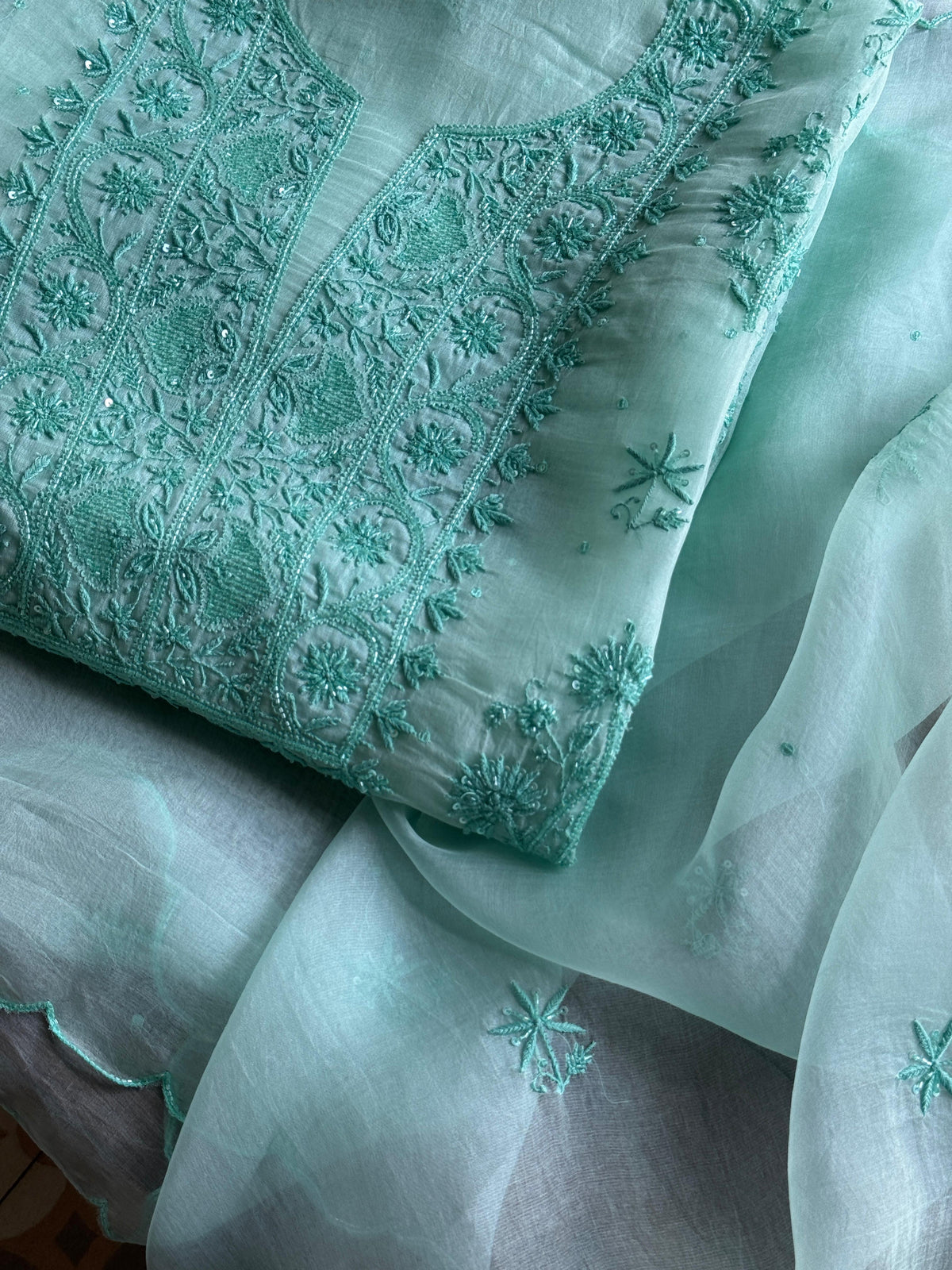 Teal Green Shade Noor Organza Silk Chikankari Unstitched Kurta Dupatta Set