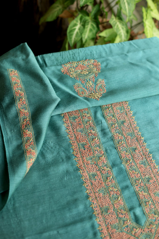 Teal Green Shade Moonga Silk Chikankari Men’s Kurta Fabric