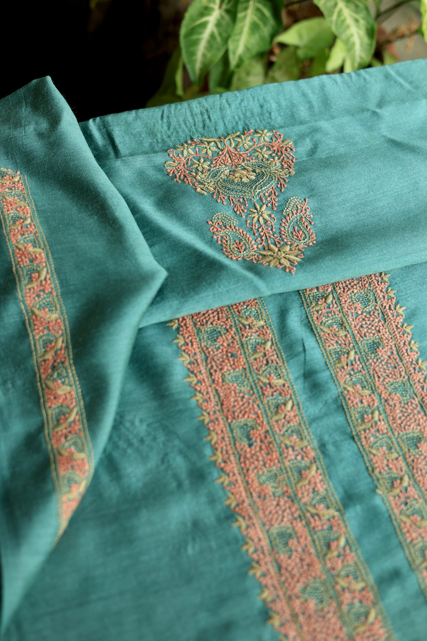 Teal Green Shade Moonga Silk Chikankari Men’s Kurta Fabric