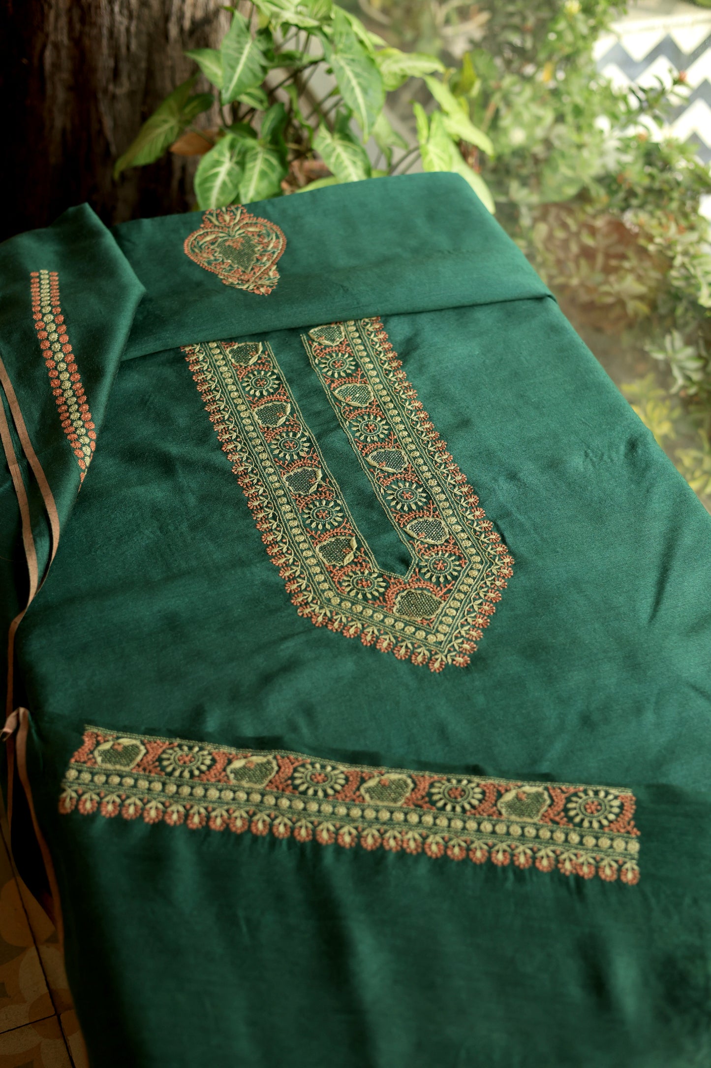 Teal Green & Peach Moonga Silk Chikankari Men’s Kurta Fabric