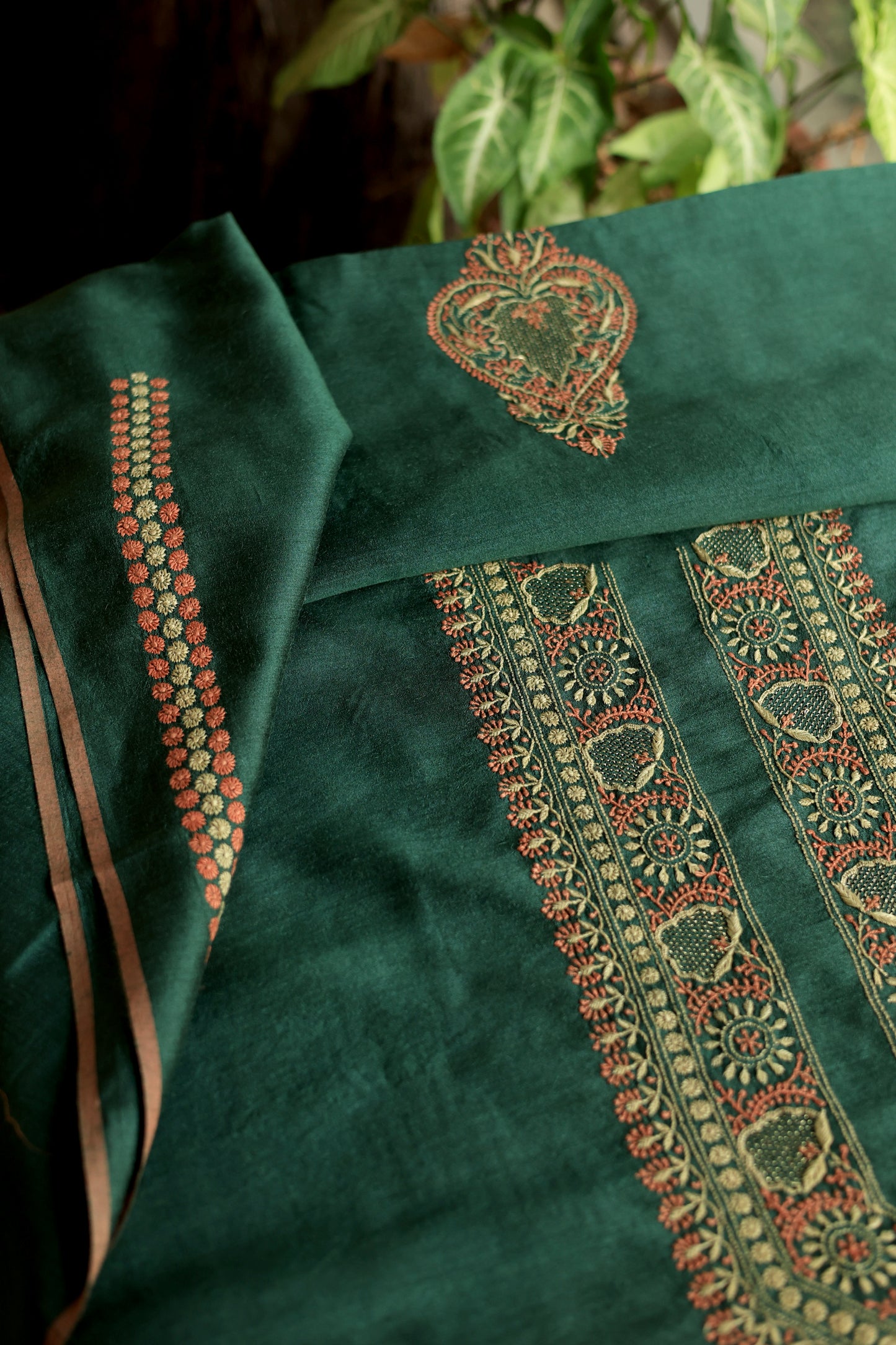 Teal Green & Peach Moonga Silk Chikankari Men’s Kurta Fabric