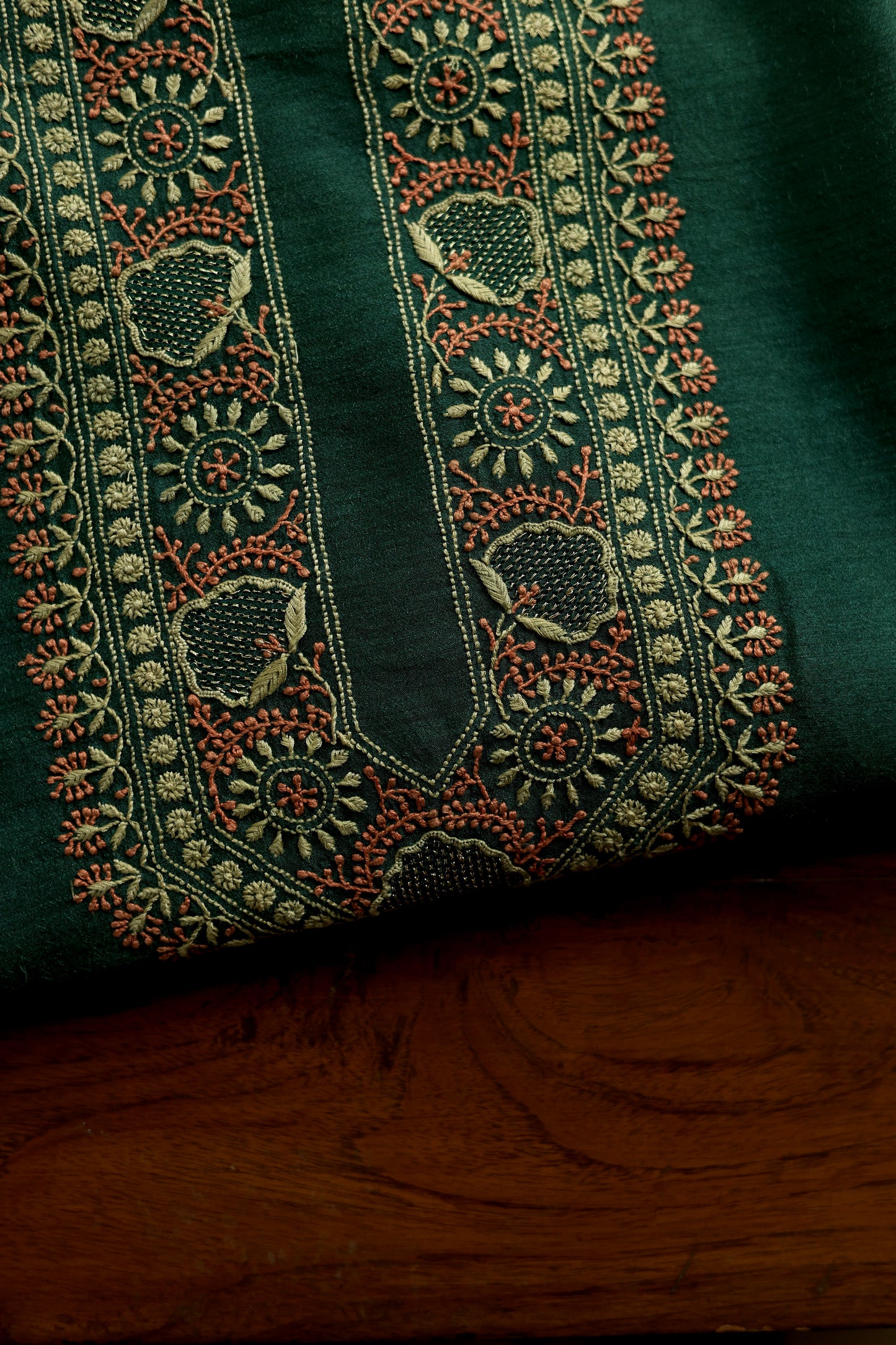 Teal Green & Peach Moonga Silk Chikankari Men’s Kurta Fabric