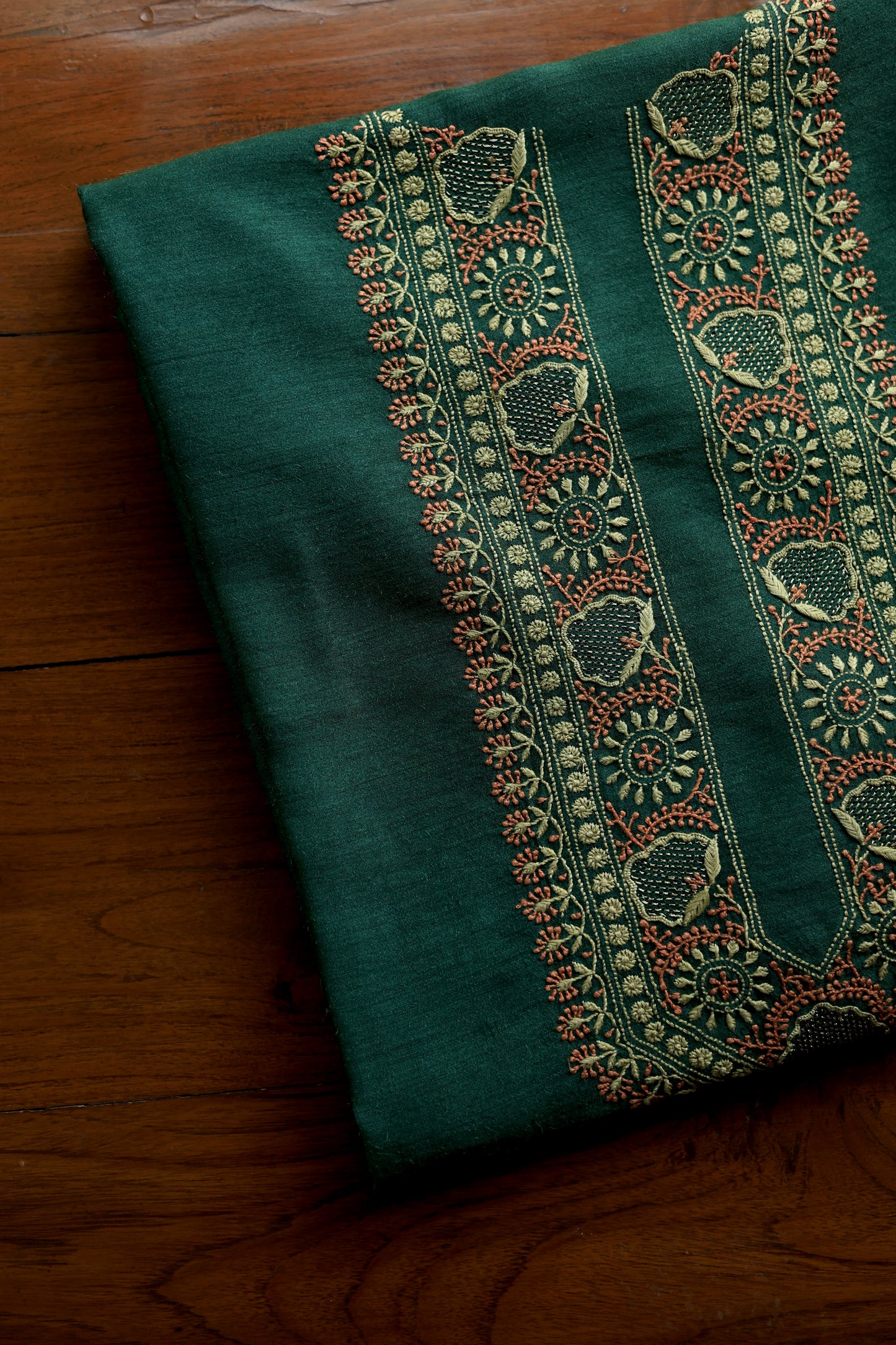 Teal Green & Peach Moonga Silk Chikankari Men’s Kurta Fabric