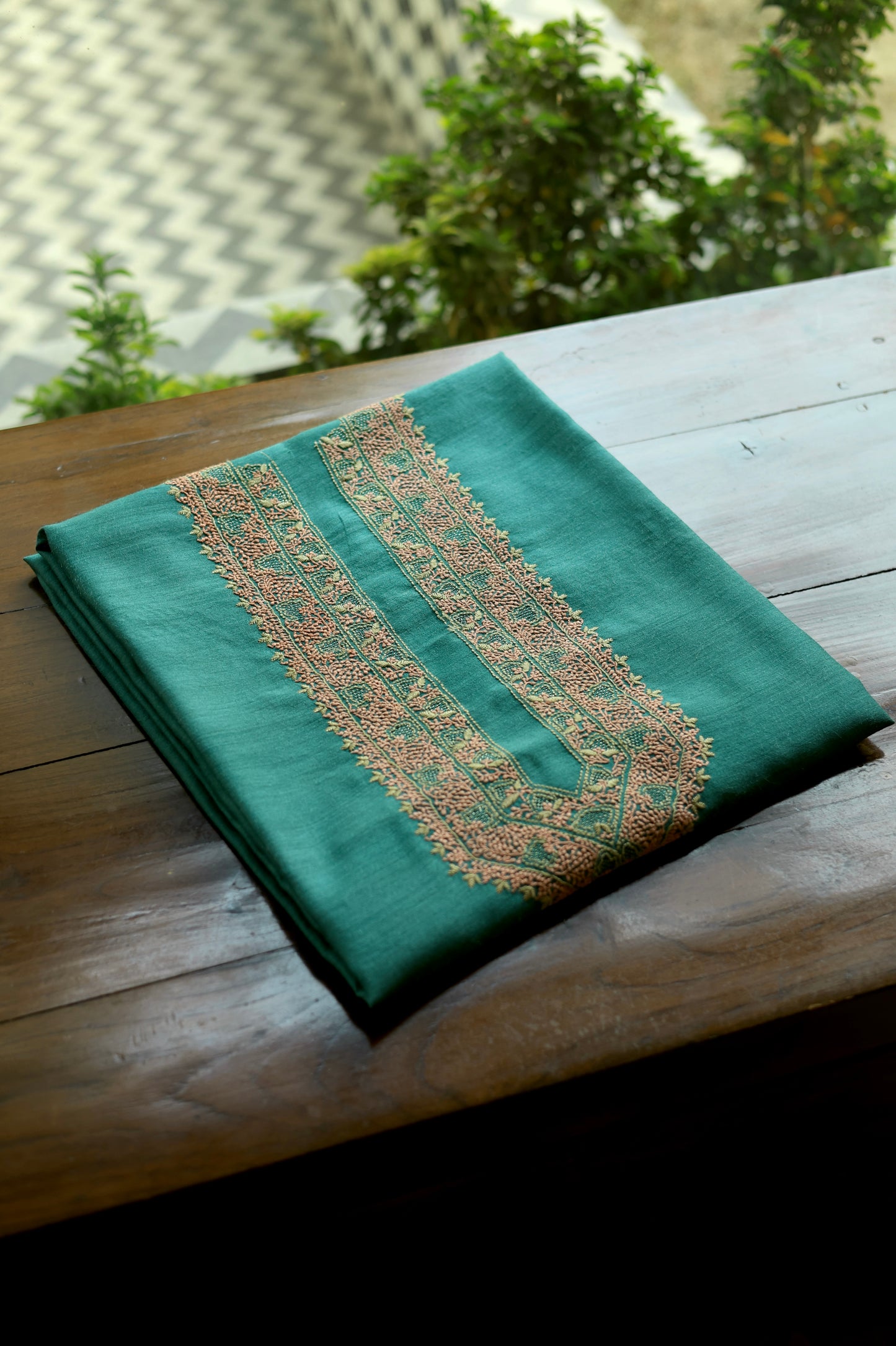 Teal Green Shade Moonga Silk Chikankari Men’s Kurta Fabric