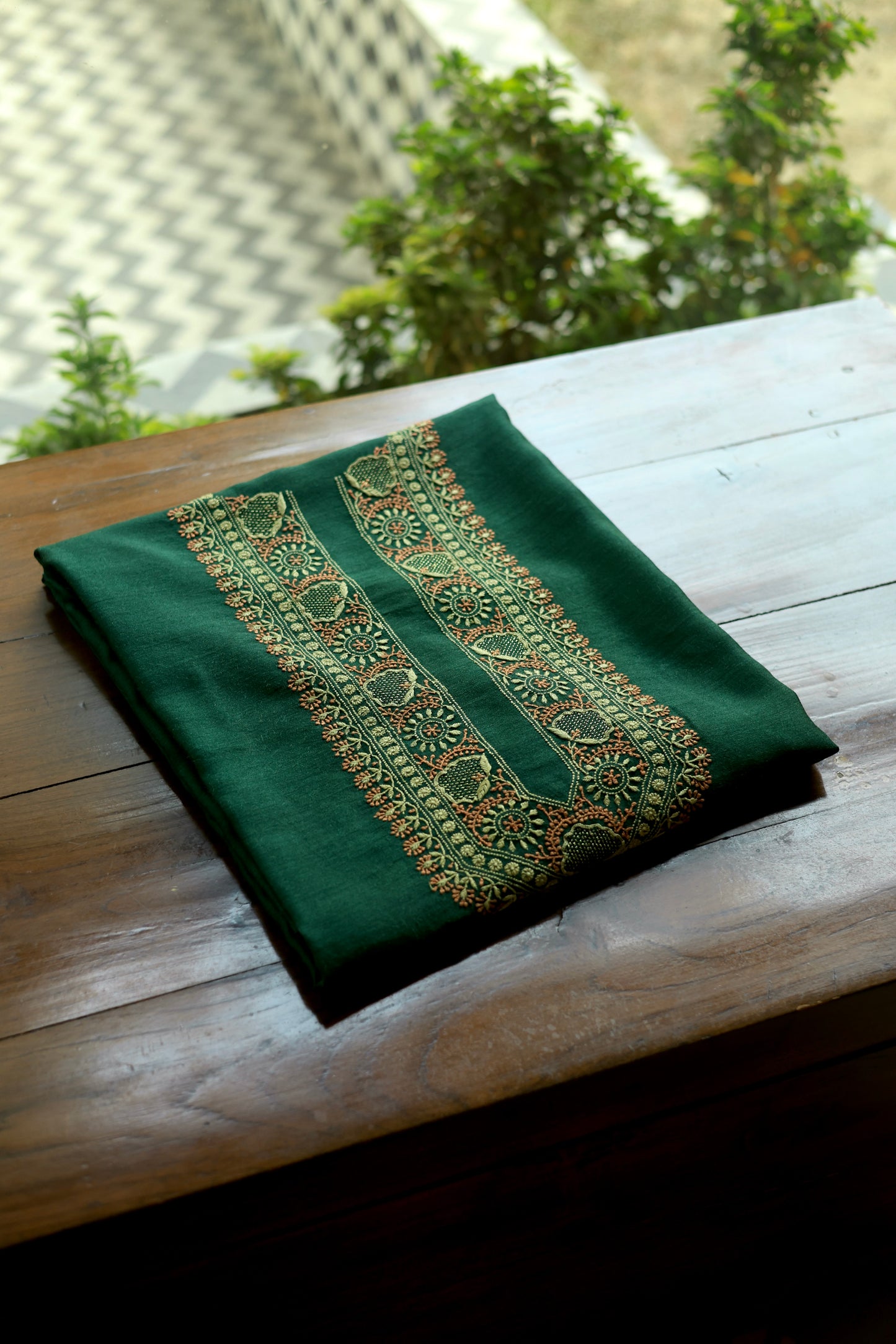 Teal Green & Peach Moonga Silk Chikankari Men’s Kurta Fabric