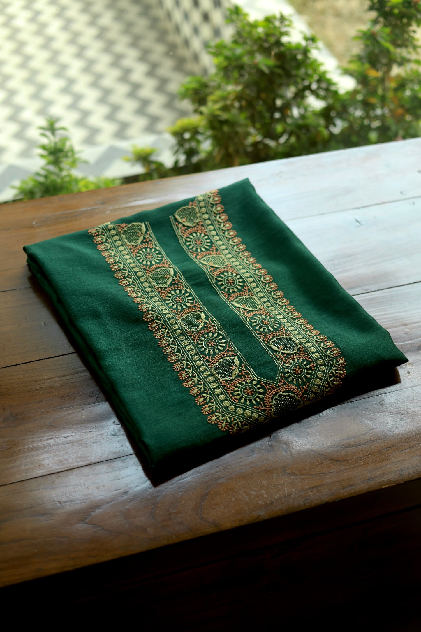 Teal Green & Peach Moonga Silk Chikankari Men’s Kurta Fabric