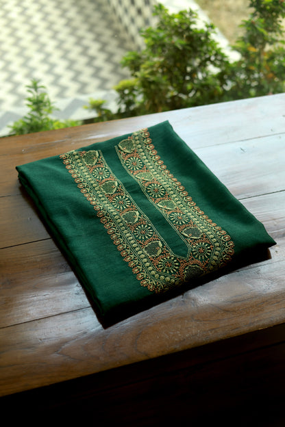 Teal Green & Peach Moonga Silk Chikankari Men’s Kurta Fabric