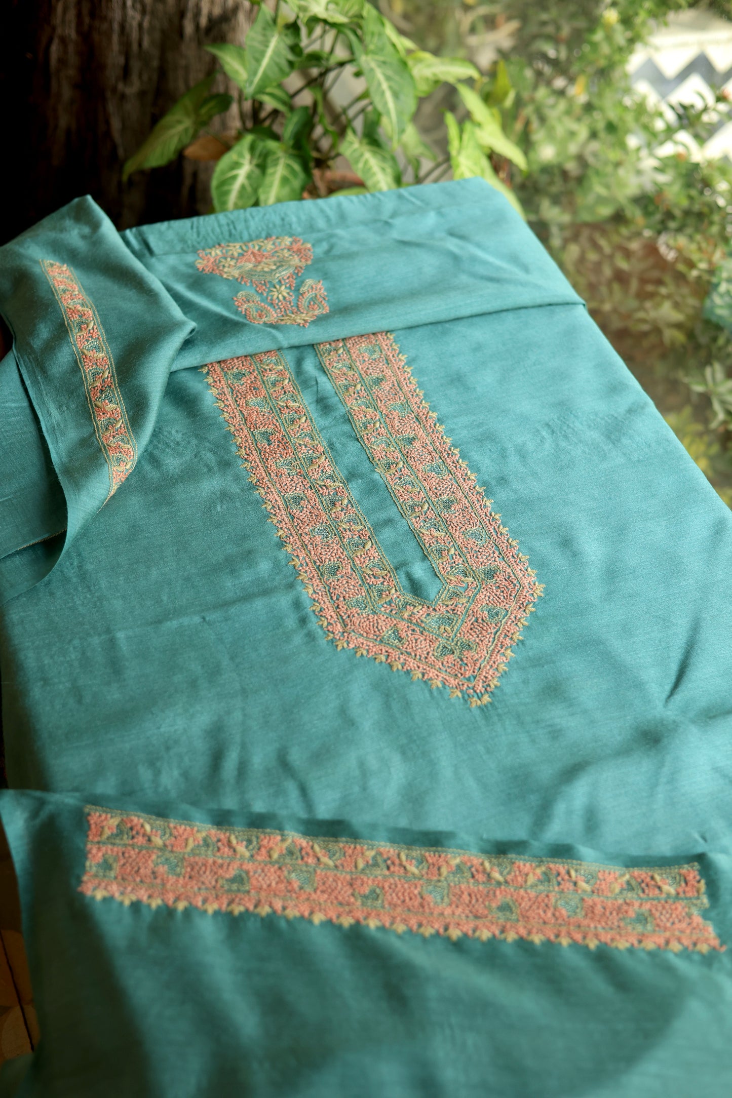 Teal Green Shade Moonga Silk Chikankari Men’s Kurta Fabric