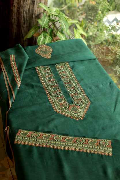 Teal Green & Peach Moonga Silk Chikankari Men’s Kurta Fabric