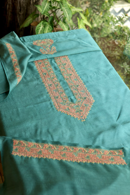 Teal Green Shade Moonga Silk Chikankari Men’s Kurta Fabric
