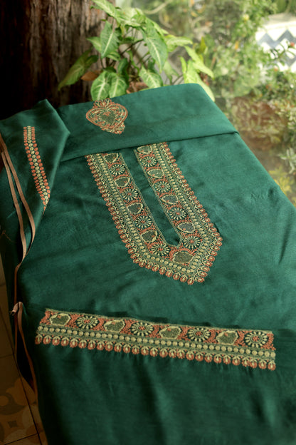 Teal Green & Peach Moonga Silk Chikankari Men’s Kurta Fabric