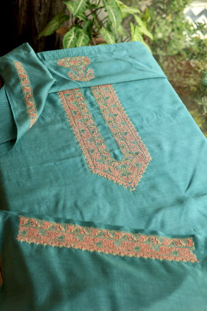 Teal Green Shade Moonga Silk Chikankari Men’s Kurta Fabric