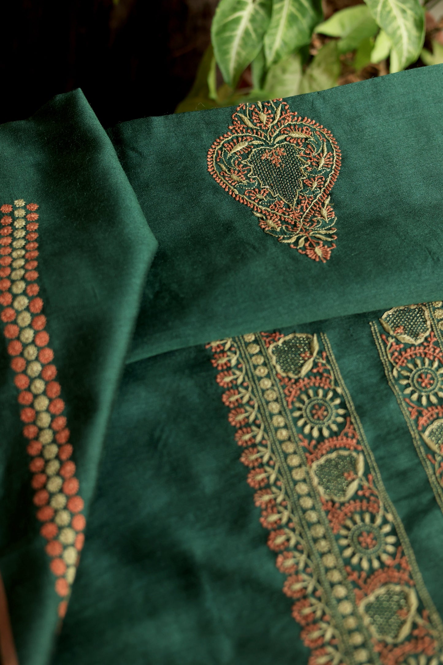 Teal Green & Peach Moonga Silk Chikankari Men’s Kurta Fabric