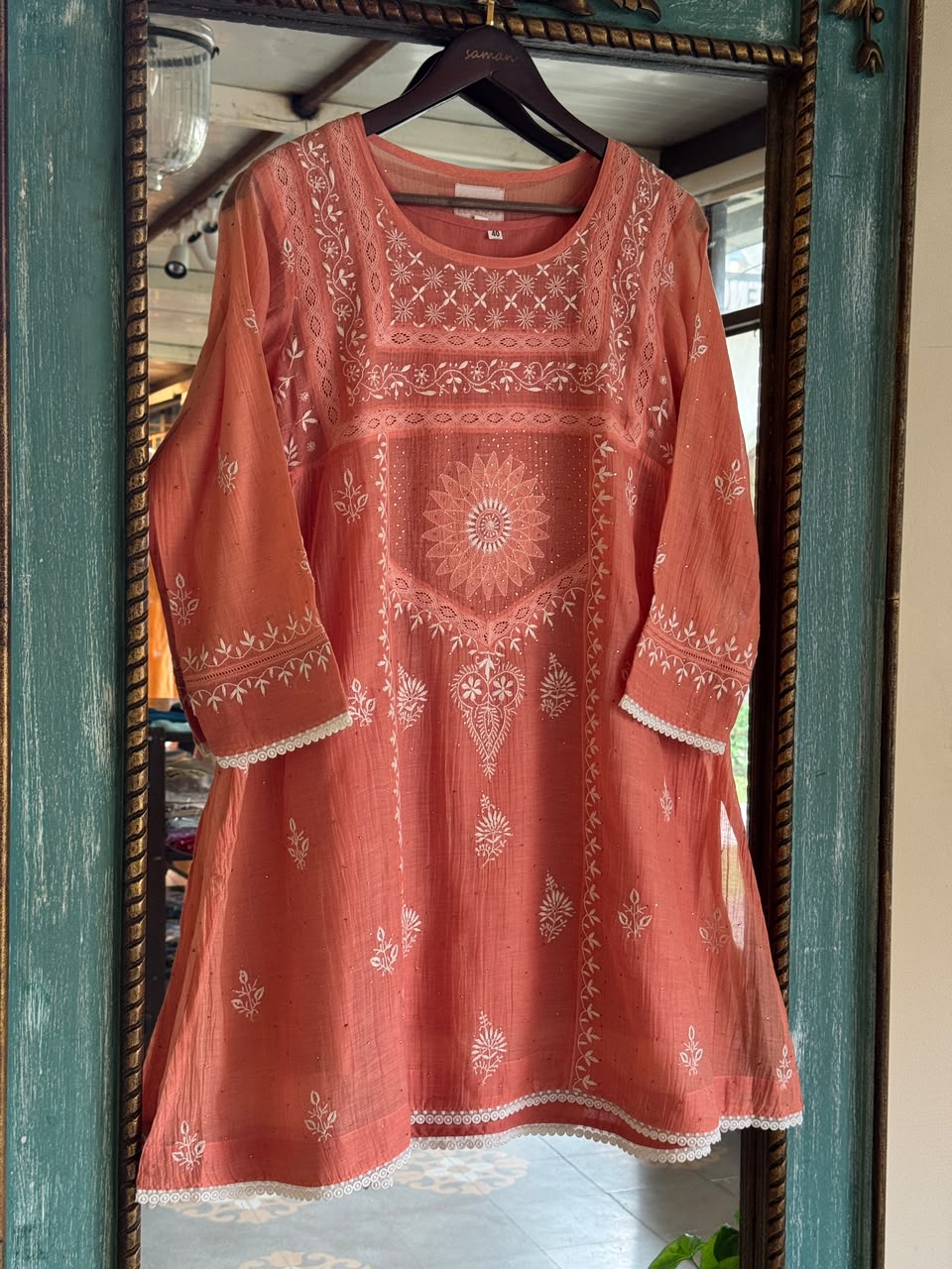Terracotta Peach Shade Malmal Chikankari Kamdani Short Kurti