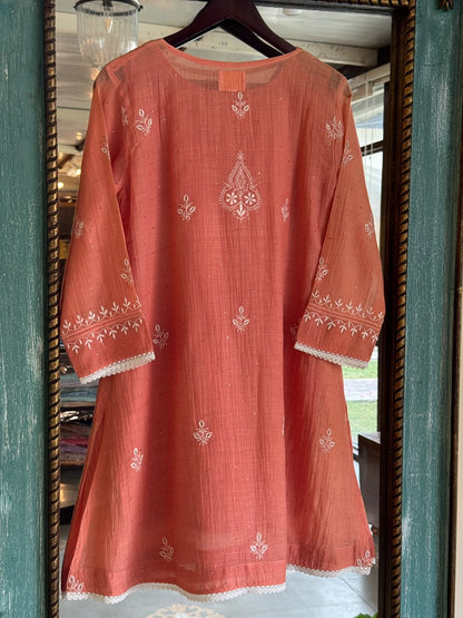 Terracotta Peach Shade Malmal Chikankari Kamdani Short Kurti