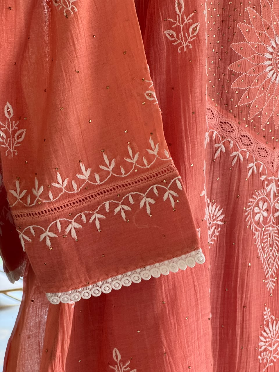 Terracotta Peach Shade Malmal Chikankari Kamdani Short Kurti