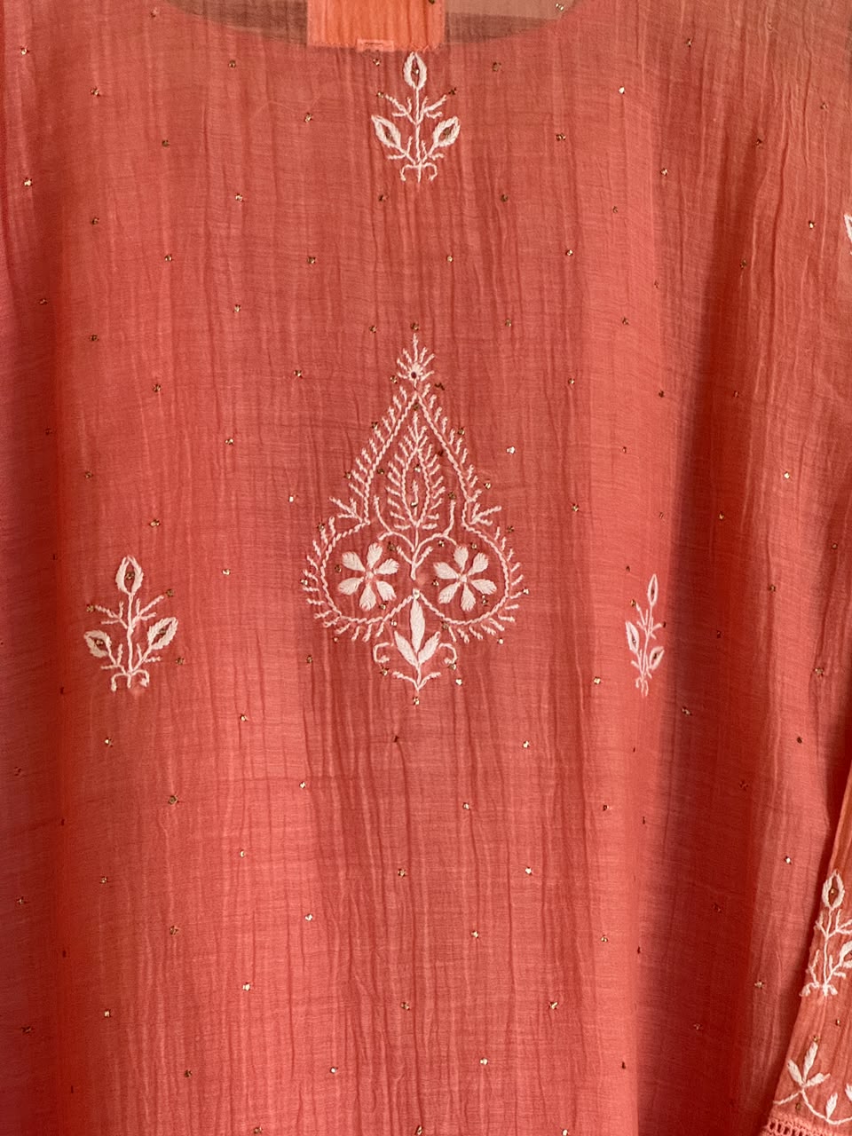Terracotta Peach Shade Malmal Chikankari Kamdani Short Kurti