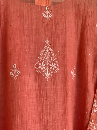 Terracotta Peach Shade Malmal Chikankari Kamdani Short Kurti