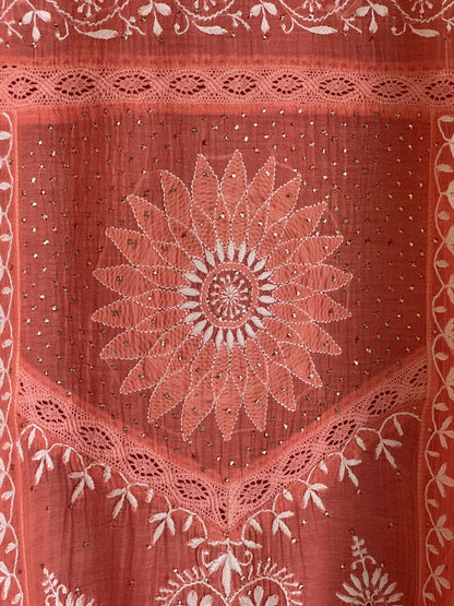 Terracotta Peach Shade Malmal Chikankari Kamdani Short Kurti