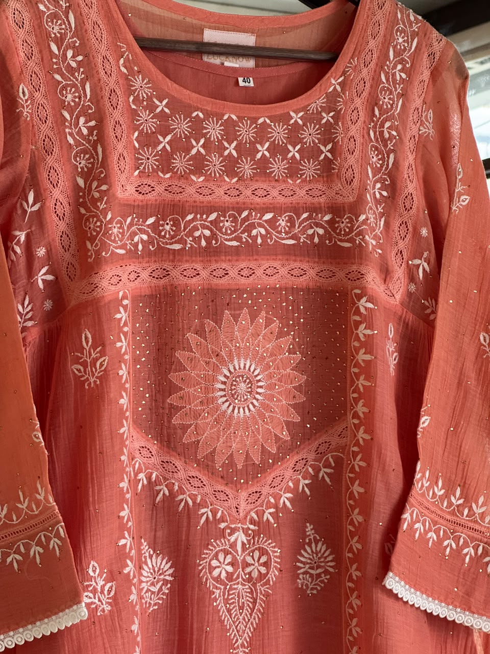Terracotta Peach Shade Malmal Chikankari Kamdani Short Kurti
