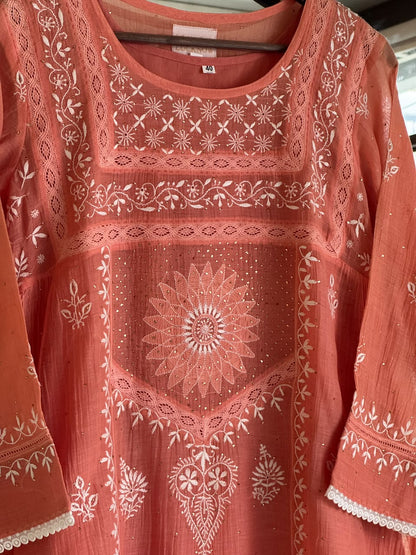Terracotta Peach Shade Malmal Chikankari Kamdani Short Kurti