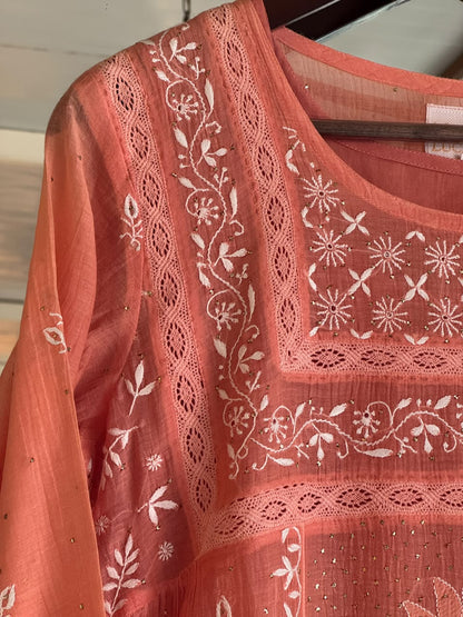 Terracotta Peach Shade Malmal Chikankari Kamdani Short Kurti