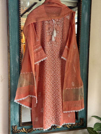 Terracotta Shade Malmal Straight Cut Chikankari Kamdani Kurta Set