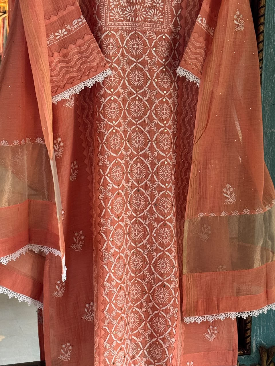 Terracotta Shade Malmal Straight Cut Chikankari Kamdani Kurta Set