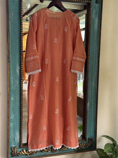 Terracotta Shade Malmal Straight Cut Chikankari Kamdani Kurta Set