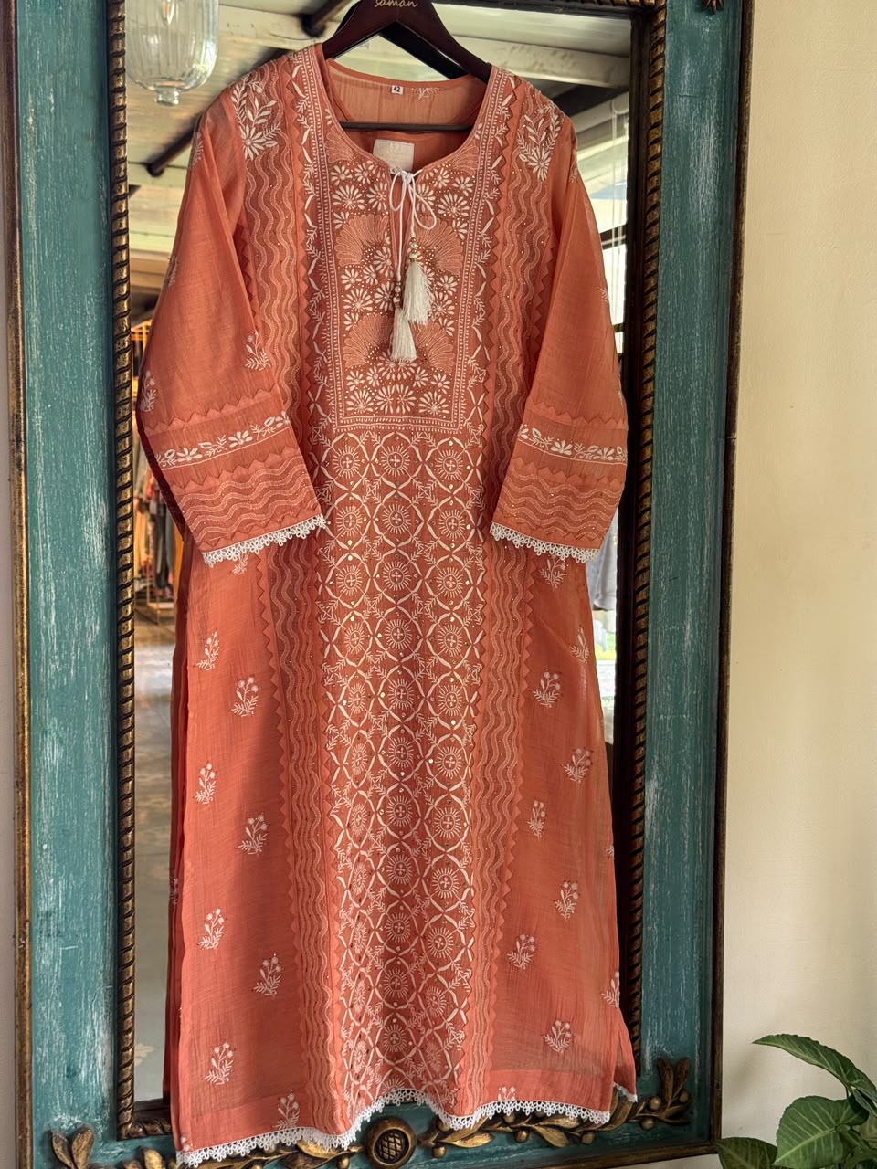 Terracotta Shade Malmal Straight Cut Chikankari Kamdani Kurta Set