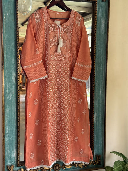 Terracotta Shade Malmal Straight Cut Chikankari Kamdani Kurta Set