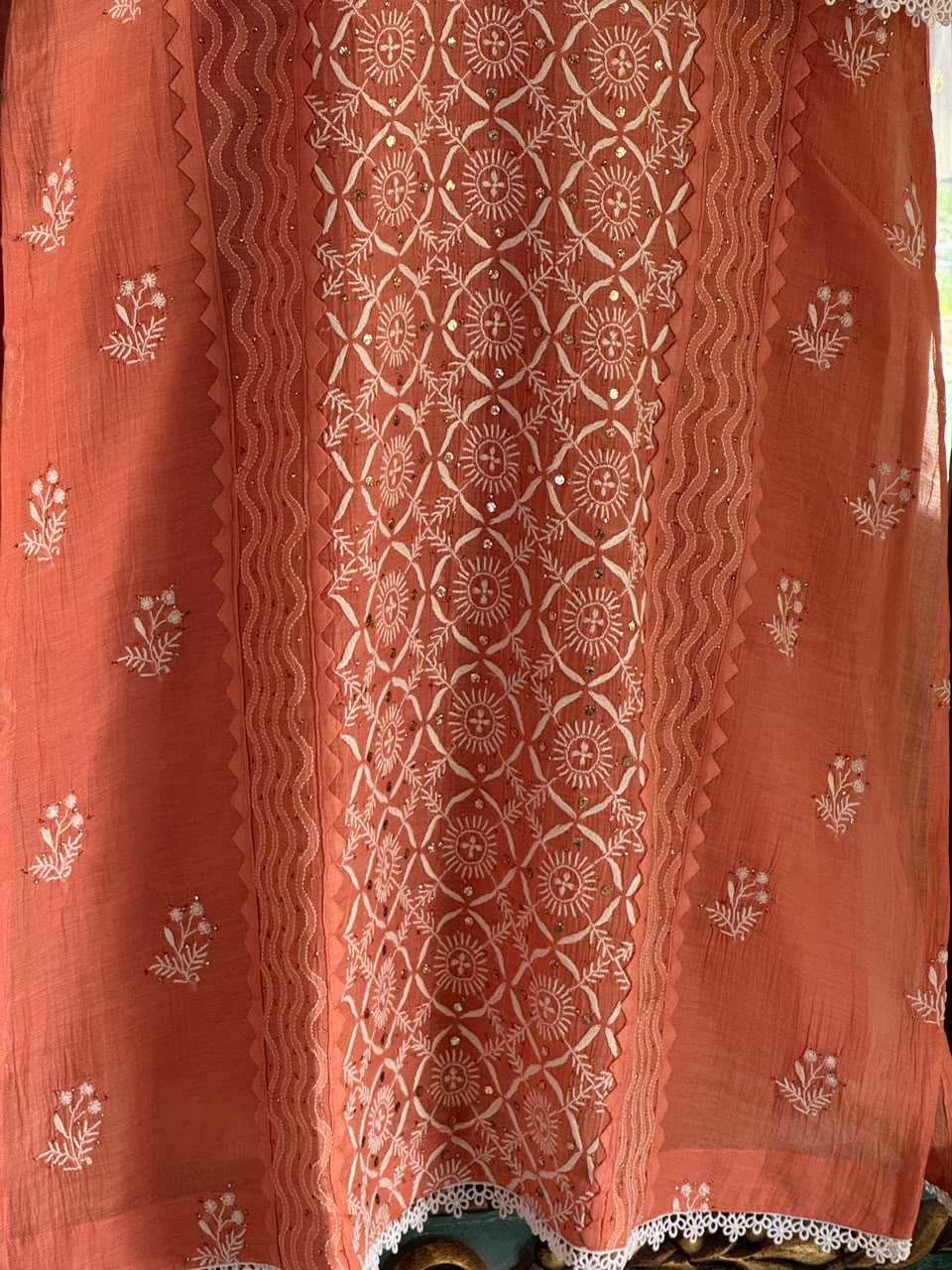 Terracotta Shade Malmal Straight Cut Chikankari Kamdani Kurta Set