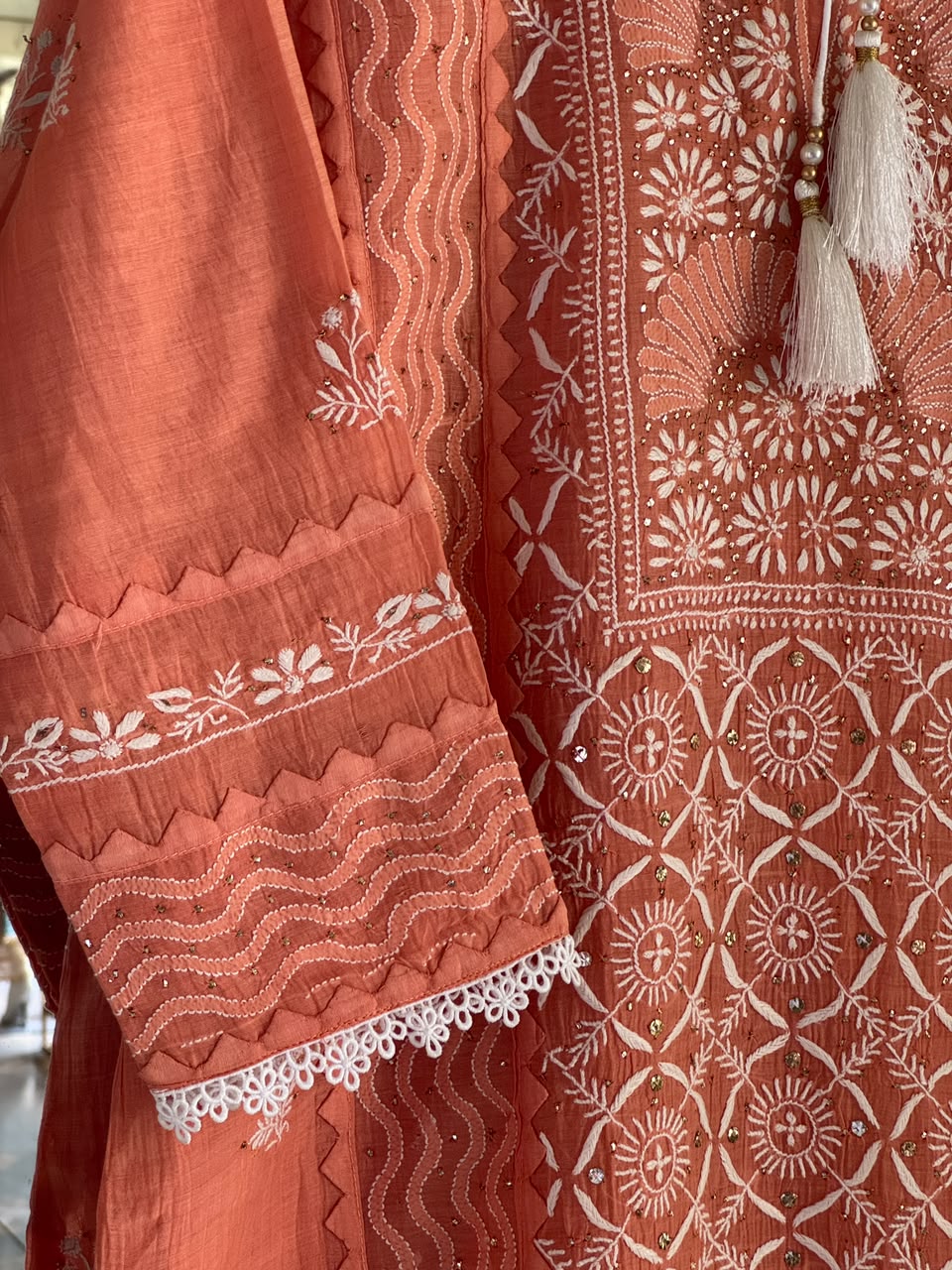 Terracotta Shade Malmal Straight Cut Chikankari Kamdani Kurta Set