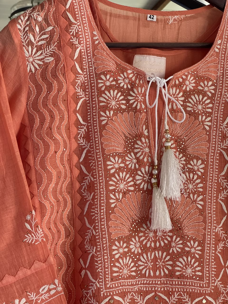 Terracotta Shade Malmal Straight Cut Chikankari Kamdani Kurta Set